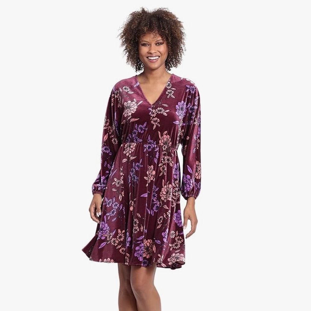 London Times Velvet Feel Moody Floral Bishop Sleeve Midi Dress Plus Size 3X - Picture 3 of 9